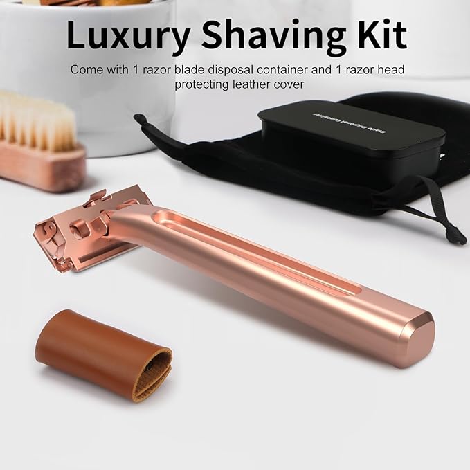 Dual-Blade Safety Razor with Pivoting Head, Reusable Metal Razors for Women, with 10 Double Edge Blades, Smooth Close Clean Shave, Rose Glod