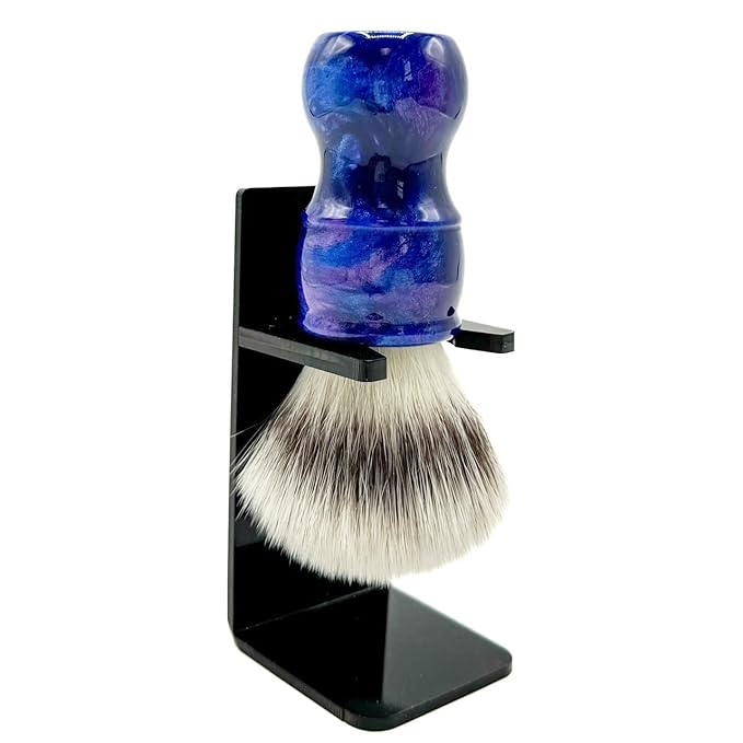 Parker “Blue Storm” Deluxe Synthetic Shaving Brush & Stand – 24 mm Knot, Iridescent Resin Handle, Ergonomic 122 mm Length, Handmade with a High Bristle Density for Rich Lather