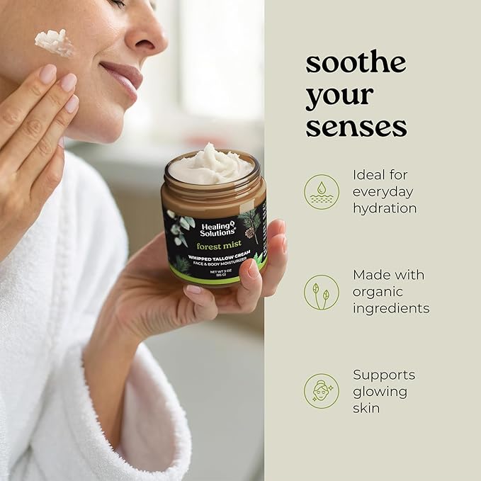 Healing Solutions - Whipped Tallow Balm, Eucalyptus, Peppermint & Cedarwood, 100% Grass Fed/Grass Finished Beef Tallow w/Organic Jojoba & Manuka Honey for Skin, Face & Body Moisturizer, Made in USA
