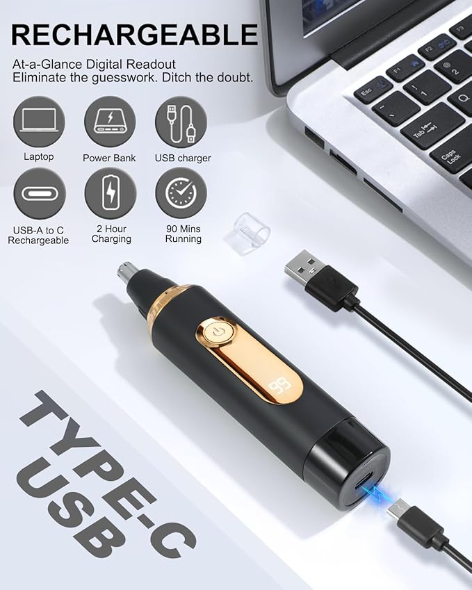 Nose Hair Trimmer for Men and Women,2025 Professional Painless IPX7 Waterproof Eyebrow & Facial Hair Trimmer,USB Rechargeable with LED Display Dual-Edge Blades for Smoother Cutting,BlackGold