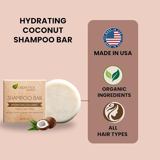 Coconut & Argan Oil Shampoo Bar, Deep Moisturizing for Dry Damaged Hair. Hydrating & Nourishing Solid Shampoo for Curly, Coily & Color Treated Hair, Vegan & Sulfate Free, USA Made. 3 oz.