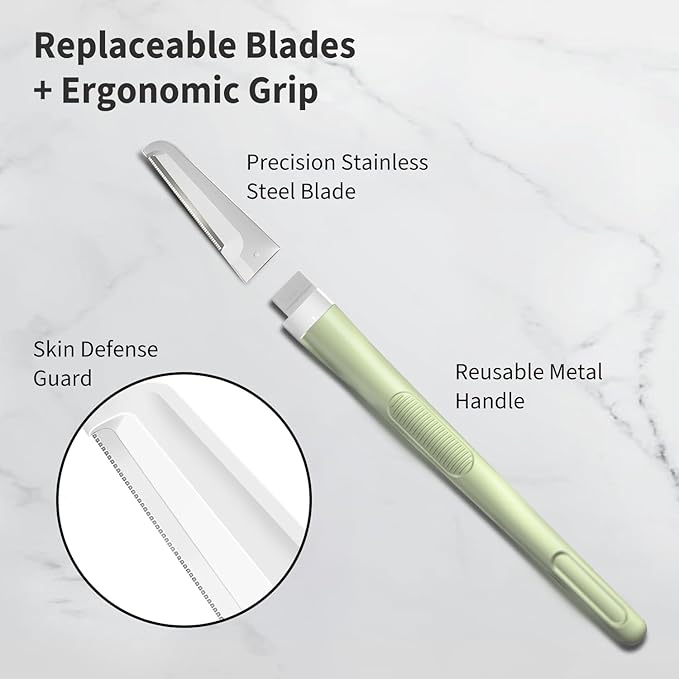 Dermaplane Razor for Women Face, Precision Face Razors for Women, Dermaplaning Tool, Gentle Exfoliation, Facial Hair Removal and Perfectly Shape Brows, Reusable Metal Handle with 4 Microblades, Green
