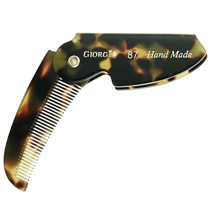 Giorgio G87 Gentleman's Tokyo Folding Pocket Comb, Flexible Men's Hair, Beard and Mustache Pocket Comb. Hand-Made of quality Durable Cellulose Acetate + GBRD1 6 Inch Beard and Mustache Brush