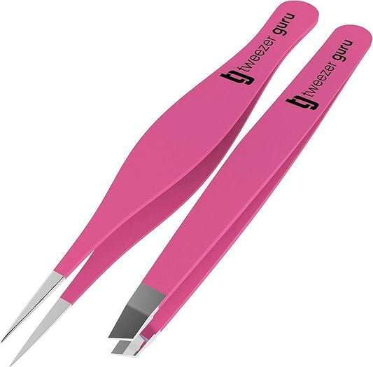 Tweezer Guru Ingrown Hair Tweezers - Pointed Precision Tweezers for Eyebrows & Ingrown Hair Removal - Blackhead and Splinter Tweezer with Sharp Needle Nose Point (2 Piece Set, Pink (Point+Slant))