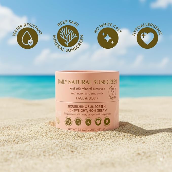 NATÚ BOTANICALS Daily Natural Body & Face Sunscreen SPF 35 – Mineral Zinc Oxide Sunblock Lotion - Broad-Spectrum UVA & UVB Protection - No White Cast, Water Resistant, and Mineral Sunscreen, 2.3oz