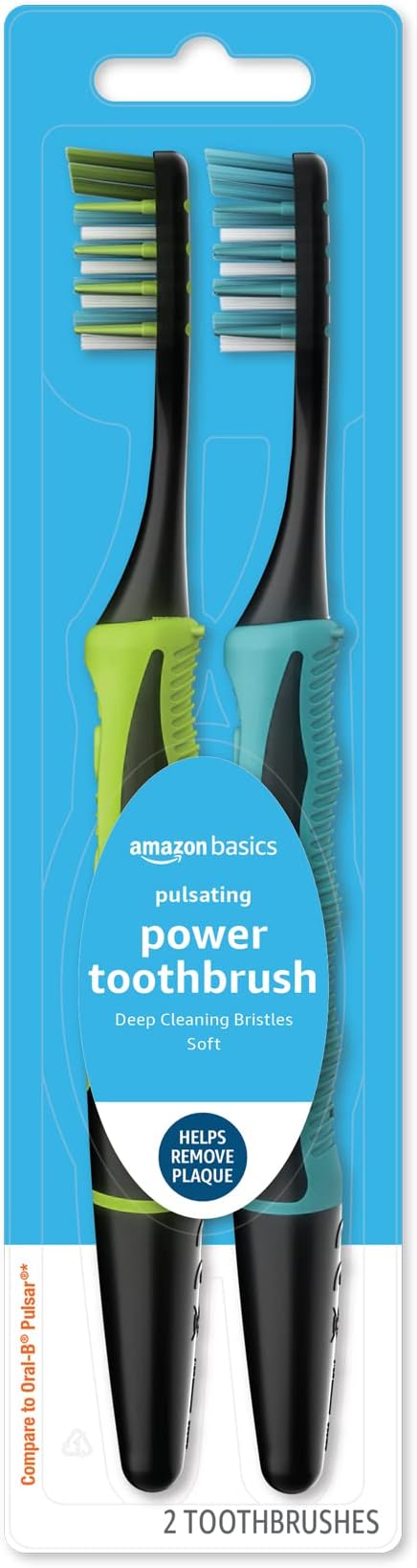Amazon Basics Soft Electric Toothbrushes for Adults, Pulsating Deep Cleaning, Plaque Removal, Sensitive Gums, Battery Powered, Soft Bristles, 2 Count, Assorted Colors