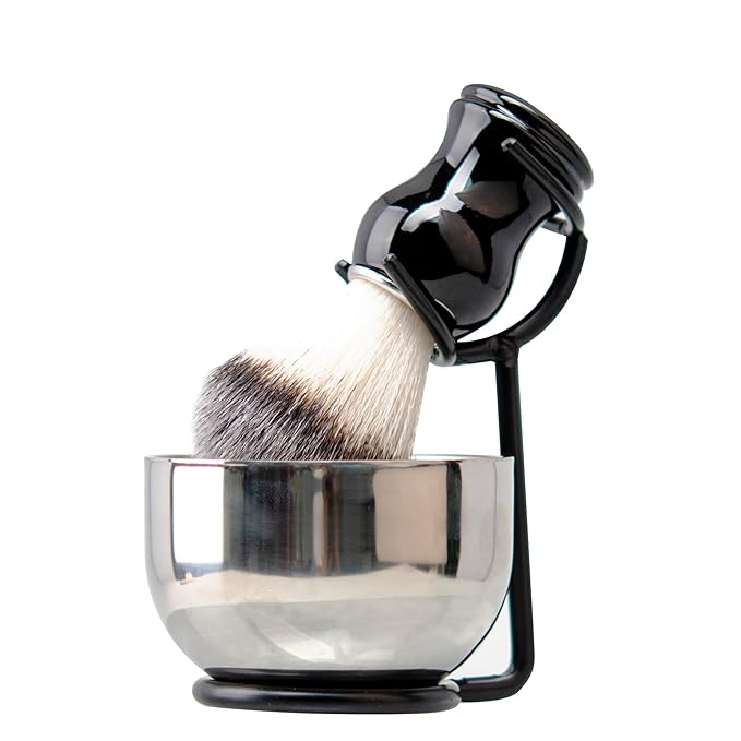 Grandslam 3 in 1 Shaving Brush Set - Stainless Steel Bowl and Stand Kit for Men, Black