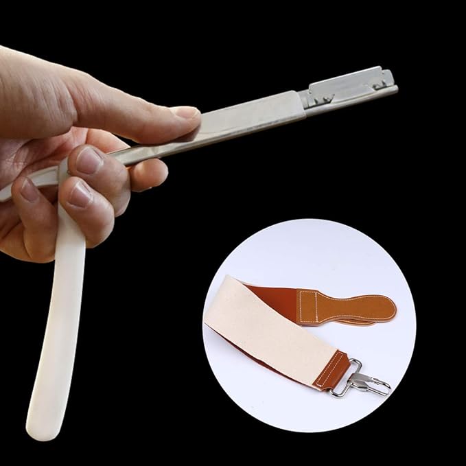 Mikinona Cow Hide Barber Polishing Razor Strop Double-layer Leather Sharpening Strap for Straight Razors and Scissors for Professional Barbers and Home Use