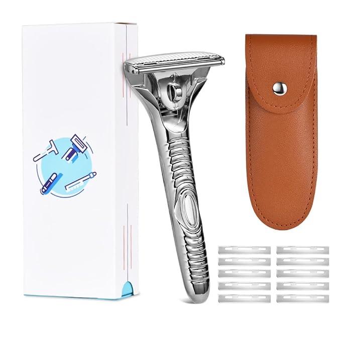 Single Blade Razors for Men and Women, Reusable Modular Safety Razor with Magnetic Head and Metal Non-Slip Grip, 10 Single Edge Razor Blades & Leather Case,Silver Roller