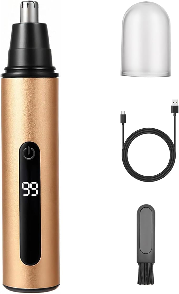 SYAWS Nose Hair Trimmer for Men and Women,USB Rechargeable Eyebrow & Facial Hair Remover with LED Display,Aluminum Alloy Shell with IPX7 Waterproof,Dual Edge Blades for Easy Cleaning (Gold)