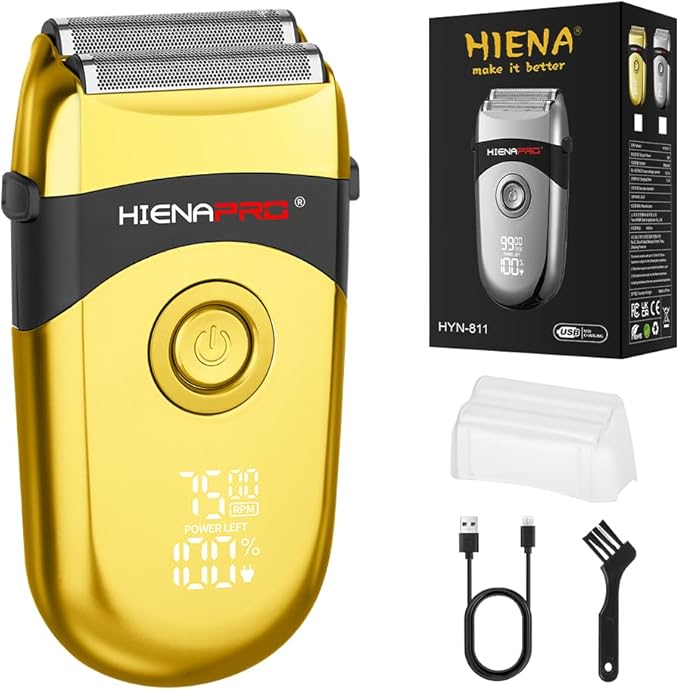 HIENA PRO Professional Beard Trimmer for Men, Reciprocating Electric foil Shaver & Bald Head Precision Trimmer, Men's Facial Grooming Tool with LED, Perfect Gifts for Men(Gold)