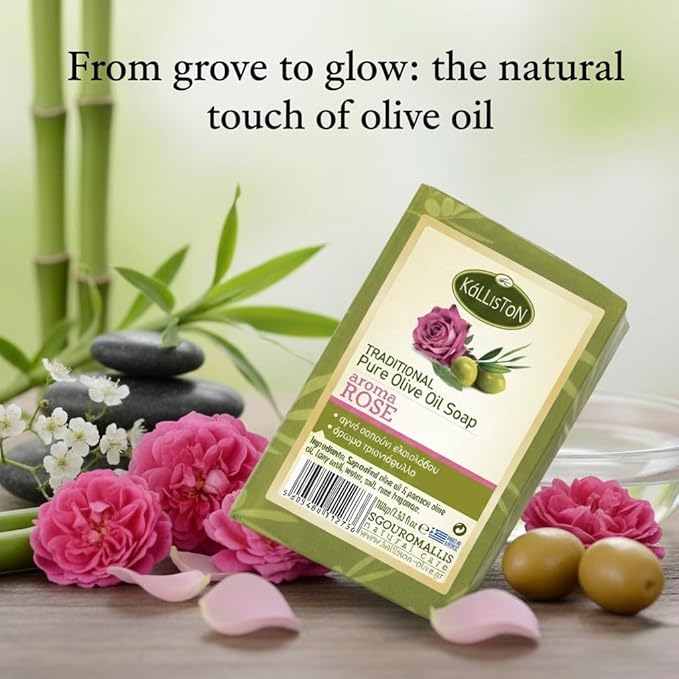 Kalliston, Rose Soap made with Pure Olive Oil, Rose Extract, All Natural for Smooth Skin, Hypoallergenic, Cruelty Free, Crafterd in Ancient Crete, Greece, Pack of 4