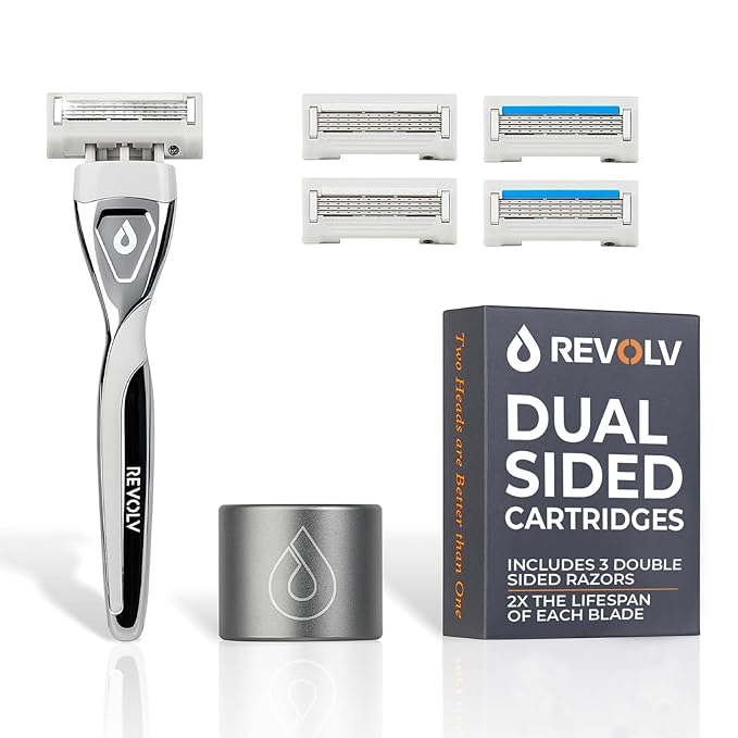 REVOLV - Men’s Razor Shaving Kit - 1 Premium Weighted Handle + 3 Dual-Sided Cartridges + 1 Stand - For a Closer, Smoother Shave - Safe on Sensitive Skin - 2 Razor Blade Refills - Grey