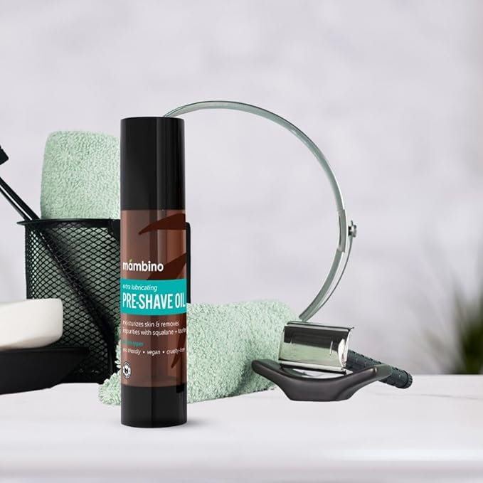 Mambino Organics Clean Shaving Set, Triple Action Shaving Essentials with Tea Tree Shave Oil, Jojoba Oil Pre-Shave, Foaming Cleanser & Face Serum, Vegan & Cruelty-Free Grooming Set, 7.5 fl oz