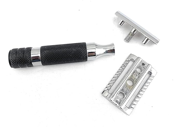 G.B.S Black Travel Shaving Brush, 4 Piece Travel Double Edge Safety Razor, and Leather Razor Case, Daily Beard Care, 10 pack of blades Snap Lock Prevent Razor Bumps