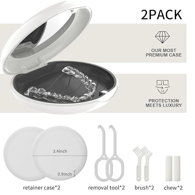 2 Pack Retainer Case with Mirror, Compatible with Invisalign, Orthodontic Aligner Case with Removal Tool and Brush, White