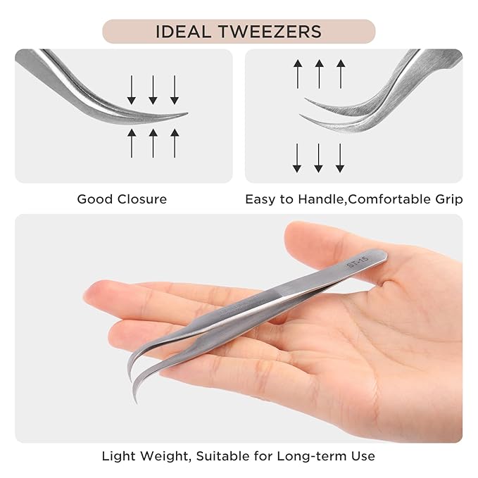 BEYELIAN Eyelash Extension Tweezers, Professional Lashes Tweezers for Make Fans, Curved Tip Stainless Steel ST-15