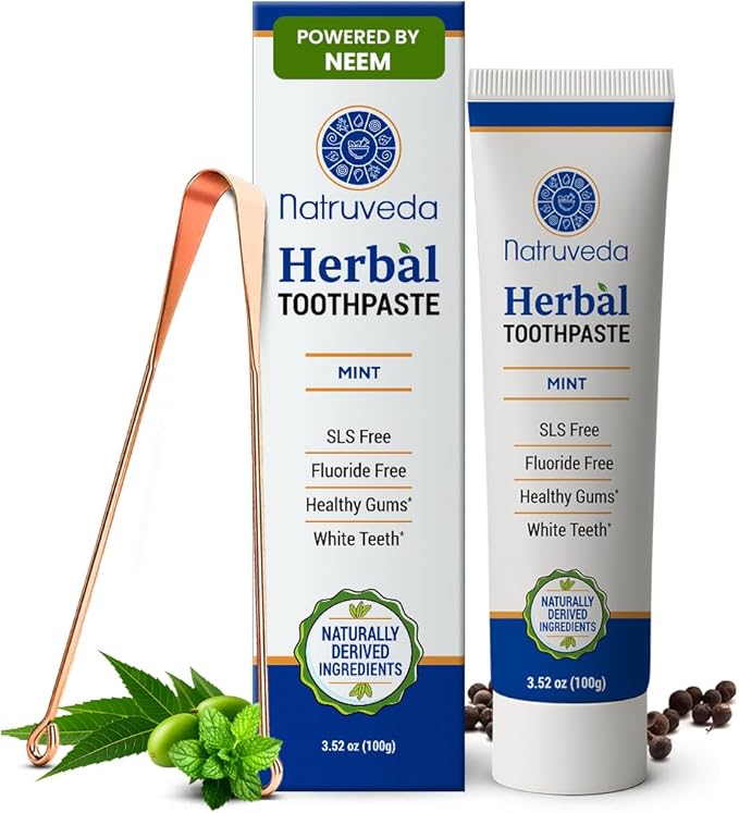 Natruveda Neem Herbal Toothpaste with Complimentary Copper Tongue Scraper | Fluoride Free, SLS Free, Natural Toothpaste for Adults | Ayurvedic Oral Care with Mint & 8 Herbal Ingredients | 3.52 oz