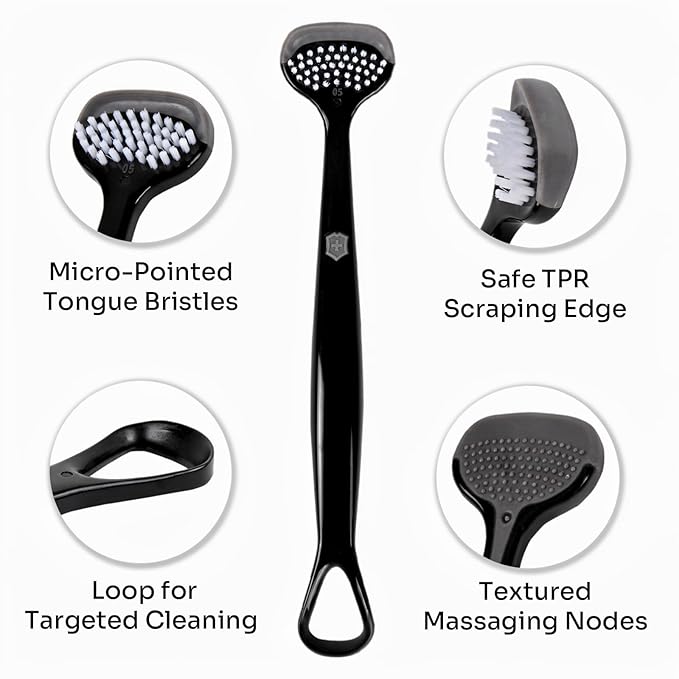 6-Pack Tongue Brush and Scraper for Adults - 3-in-1 Cleaner for Oral Hygiene and Fresh Breath, Black
