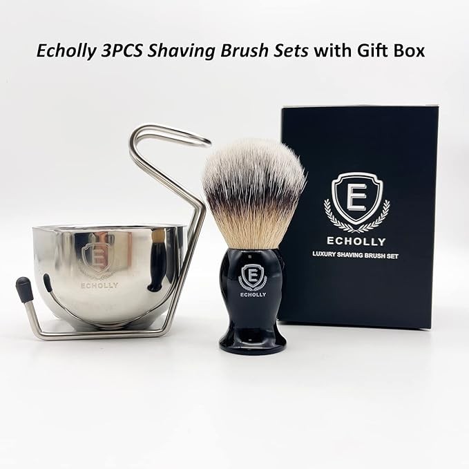 Men's Travel Shaving Brush Set-3pcs Wet Shave Kit with Synthetic Hair Brush, Stainless Bowl & Stand-Lightweight, Quick Dry, Easy to Carry by Echolly
