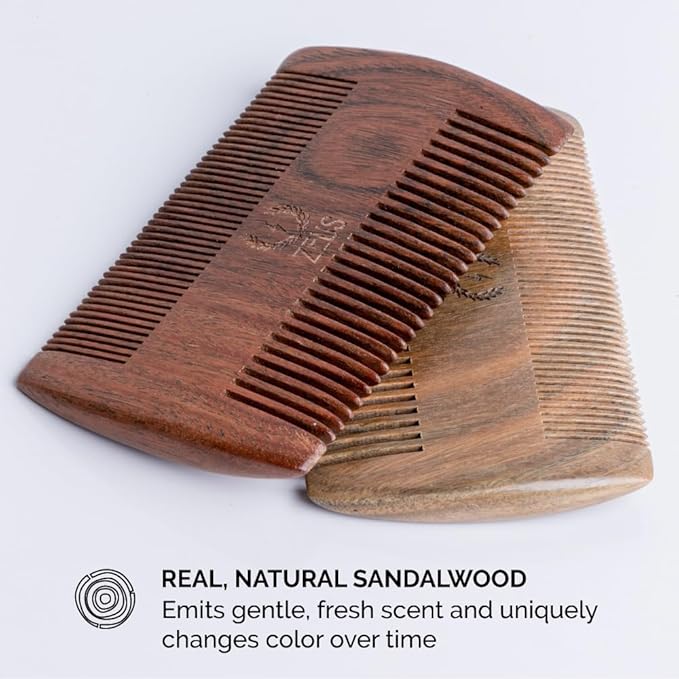 ZEUS Double-Sided Beard & Mustache Comb for Men, Natural Sandalwood Grooming Tool with Leather Case, Anti-Static & Travel Friendly (R31)