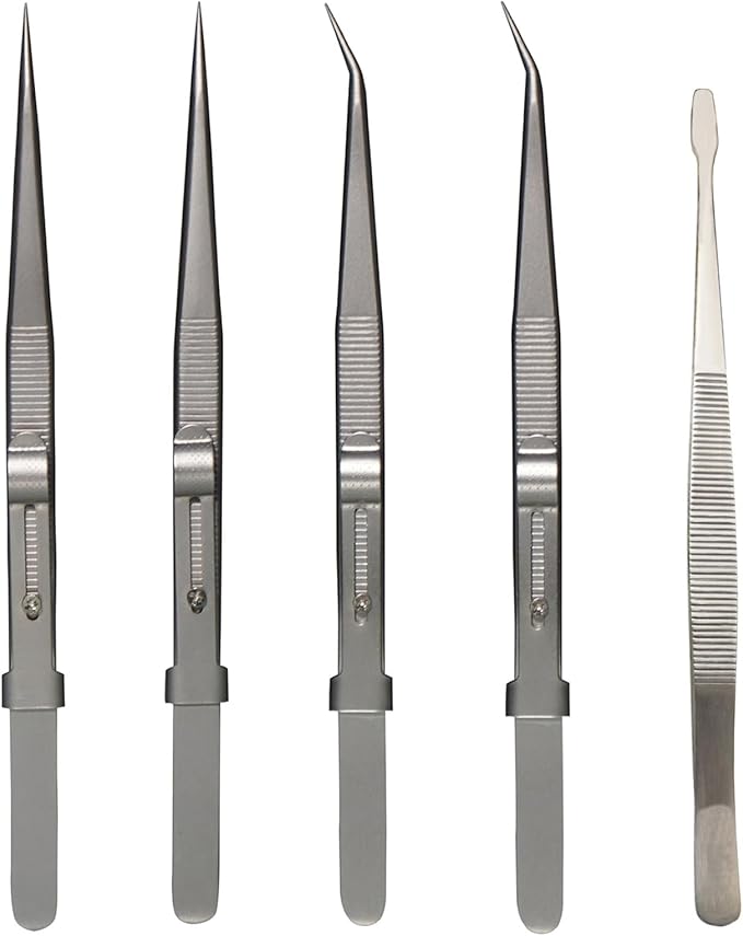 5Pcs Precision Tweezers Set, Flat/Pointed/Curved Angled Locking Long Tweezers for Crafts, Medical Surgical, Lab, Soldering, Jewelry Crafting, Watch & Electronics/Car Repair,Splinter Removal