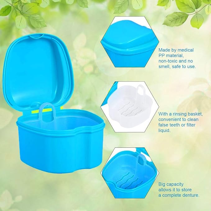 Denture Bath Box Cup, Complete Clean Care for Dentures, Clear Braces, Mouth Guard, Night Guard & Retainers,Traveling (Blue & Purple)