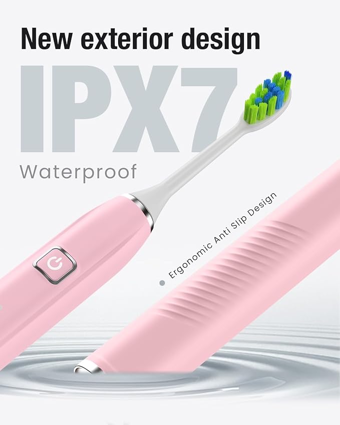7AM2M Ultrasonic Pink Electric Toothbrush with 6 Brush Heads for Adults&Kids, Type C Rechargeable, One Charge for 120 Days, 5 Modes&40000VPM Powered Toothbrush, 2 Minutes Built in Smart Timer (Pink)