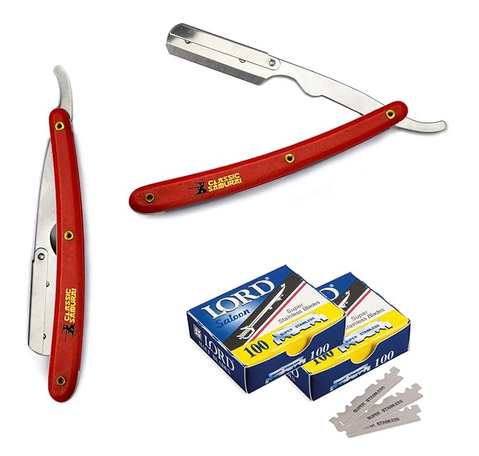 Stainless Steel Professional Barber Folding Straight Edge Razor Shavette Men's Shaving Kit with 200 Count Lord Single Razor Blades (Red)