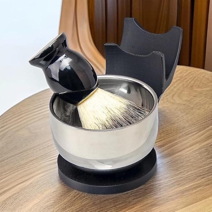 Grandslam Shaving Brush Kit for Men, 3 in 1 Shaving Set Includes Shaving Brush, Stainless Steel Shaving Bowl and Razor & Brush Holder, Black Set