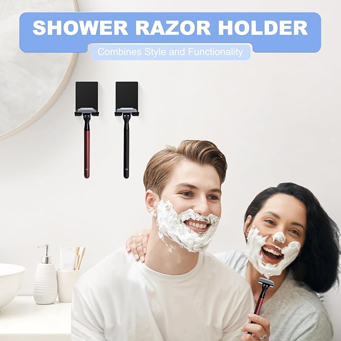 VIS'V Adhesive Razor Holder, Wall Mount Shower Razor Hooks for His and Hers, Metal, Waterproof, Black, 2 Pcs