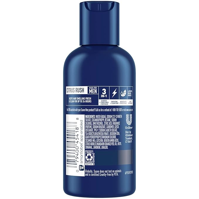 Suave Men’s 3-in-1 Shampoo, Conditioner, & Body Wash, Travel-Size 6-Pack, Citrus Rush, 3 Oz Ea
