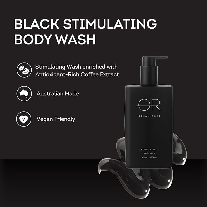 Ocean Road Black Body Wash 13.5 fl oz - Stimulating Wash with Antioxidant-Rich Coffee Extract – Ethically Sourced, Vegan, Australian Made Skincare for Hydrated, Radiant Skin