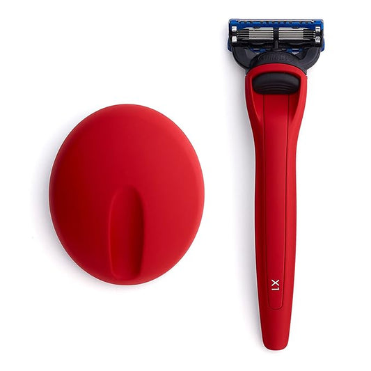 Bolin Webb Handle with Razor Stand Fitted with Gillette Fusion5 Blade Cartridge Technology for The Closest Shave. Award Winning Razors for Men - Made in England. Style is X1 (RED)