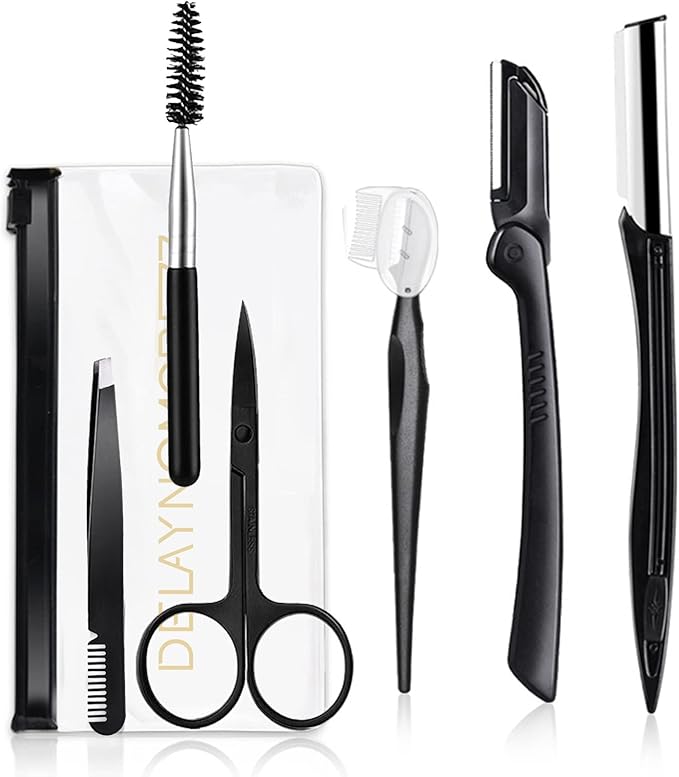 Eyebrow Razor Kit, 6 in 1 Professional Eyebrow Grooming Set for Women and Men, Including 3 Eyebrow Razors Trimmer,1 Tweezer,1 Scissor,1 Eyelashes Roller,1 Storage Bag