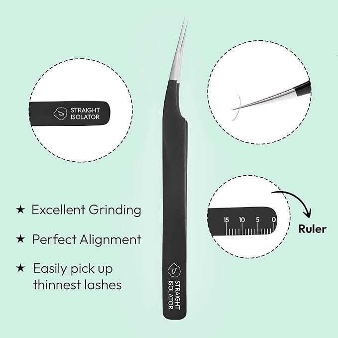 Eyesy Lash Straight Isolator Lash Tweezer | Professional Volume False Lash Application Tool | Multi Shapes & Purposes Tweezers | Non-Slip Grip Tweezers (Black)