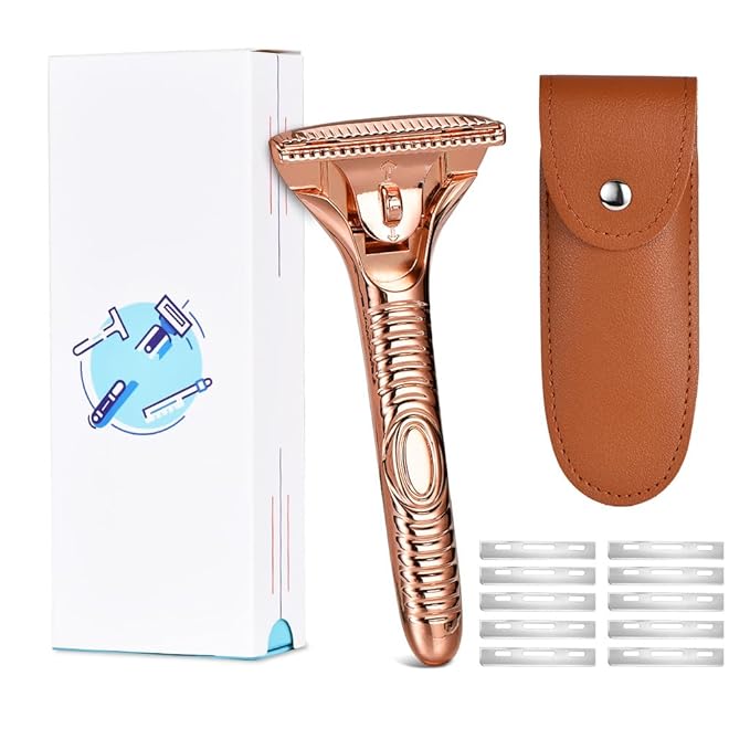 Single Blade Razors for Men and Women, Reusable Modular Safety Razor with Magnetic Head and Metal Non-Slip Grip, 10 Single Edge Razor Blades & Leather Case,Rose Gold Whiskers