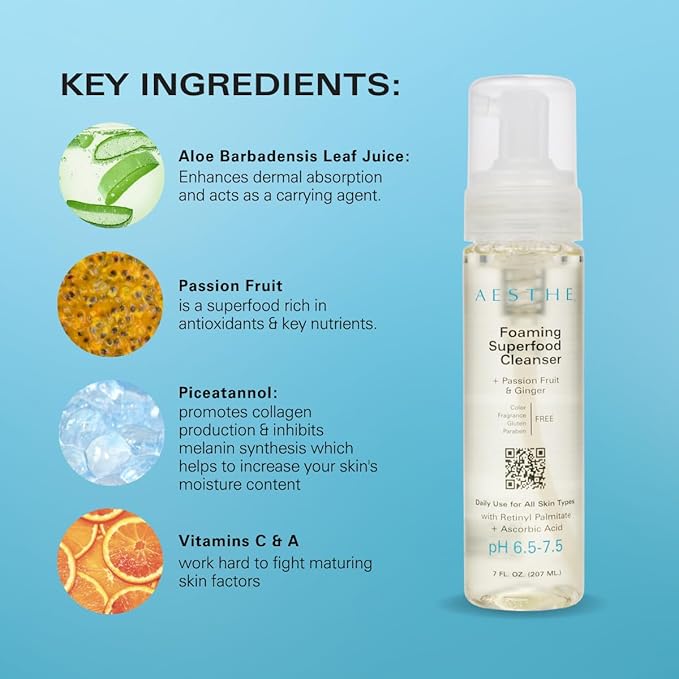 Aesthe Foaming Superfood Face Cleanser - Passionfruit & Ginger - Gentle Cleaning Formula for All Skin Types - Oily, Combination, Dry, Normal, Sensitive - Remove Makeup, Cleanse, Hydrate - 7 fl oz