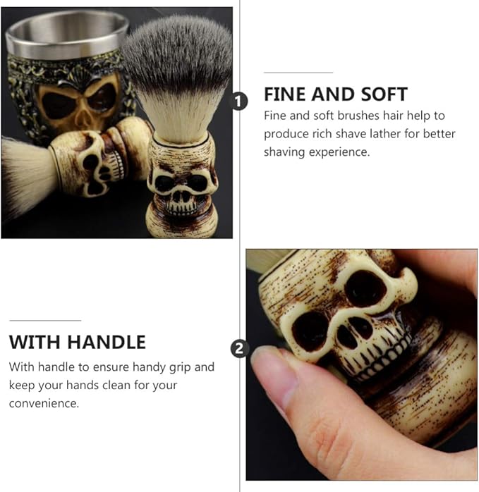 SaditY 1 Set of Male Beard Brush Bowls Set Skull Head Shaped Handle Beard Shaving Brush Shaving Bowl Tools (Style A)