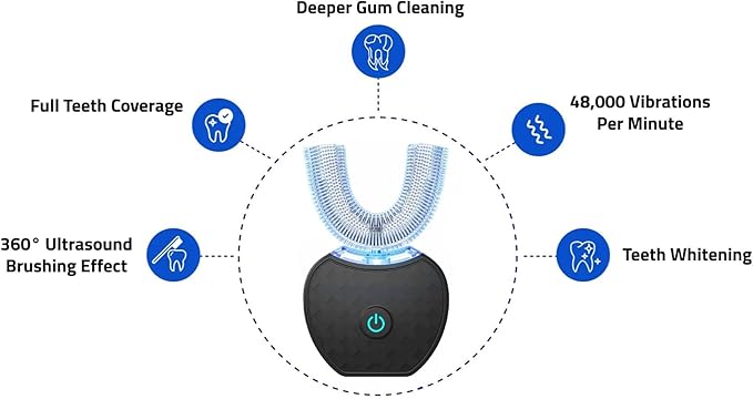 Scandinavian Smiles U-Shaped Toothbrush,Electric Toothbrush for Adults,360°Teeth Whitening Dental Tooth Cleaner (Black)