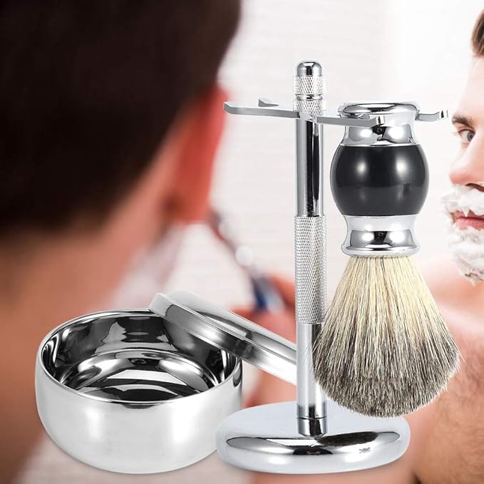 Shaving Brush and Bowl - Shaving Bowl Kit Men Shaving Tool Stand Holder + Faux Badgers Hair Brush + Alloy Soap Mug Bowl Kit