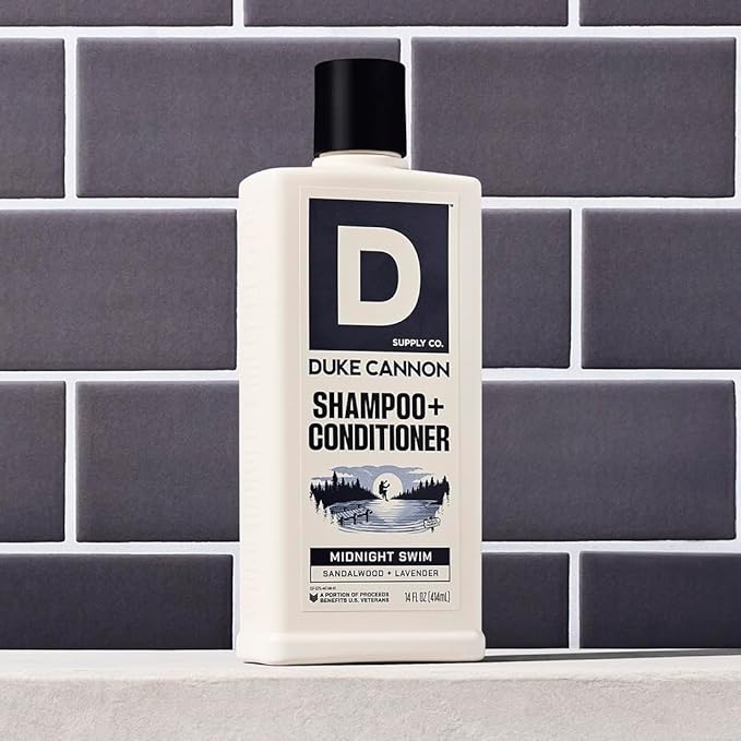 Duke Cannon Supply Co. 2-in-1 Hair Wash - Masculine Scent - Gentle Cleansing Hair Wash For Men - Stimulating Hair Shampoo & Conditioner - Strengthens Hair - Tea Tree & Midnight Swim - 2 Pack (14 oz)