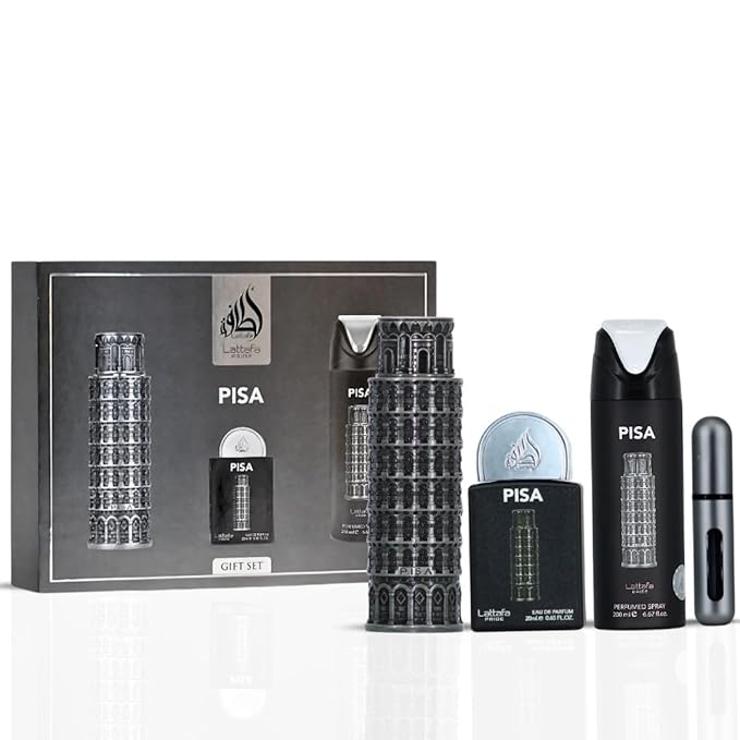 Lattafa Pride Pisa 3-Piece Gift Sets – Long Lasting Arabian Perfume For Men – Eau De Parfum & Perfumed Spray – Mediterranean Inspired Perfume Men With Citrus & Amber Notes - Premium Gift Box