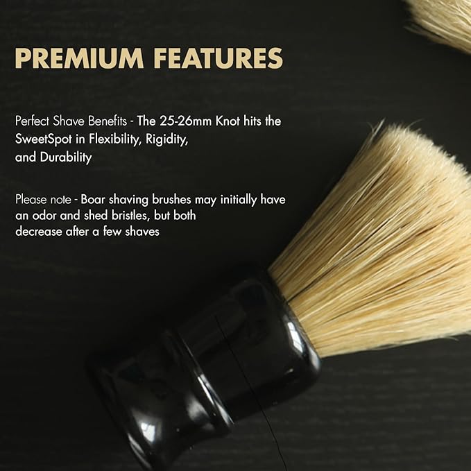 Boar Shaving Brush– 25mm Knot, Premium Boar Bristles & Gloss Black Resin Handle, Traditional Wet Shave Brush for Face Exfoliation, Luxury Lather, Gift Ready