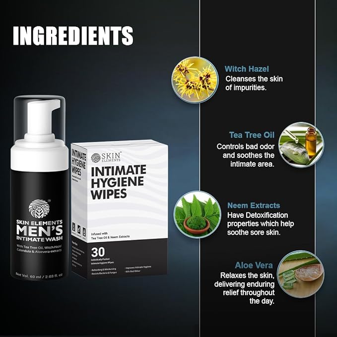 Skin Elements Intimate Hygiene Combo| Intimate Wash Men 120 ml+Intimate Wipes 30 Individual Sachets With Tea Tree & Neem Extracts - pH Balanced Foaming Wash Prevents Irritation & Bad Odor