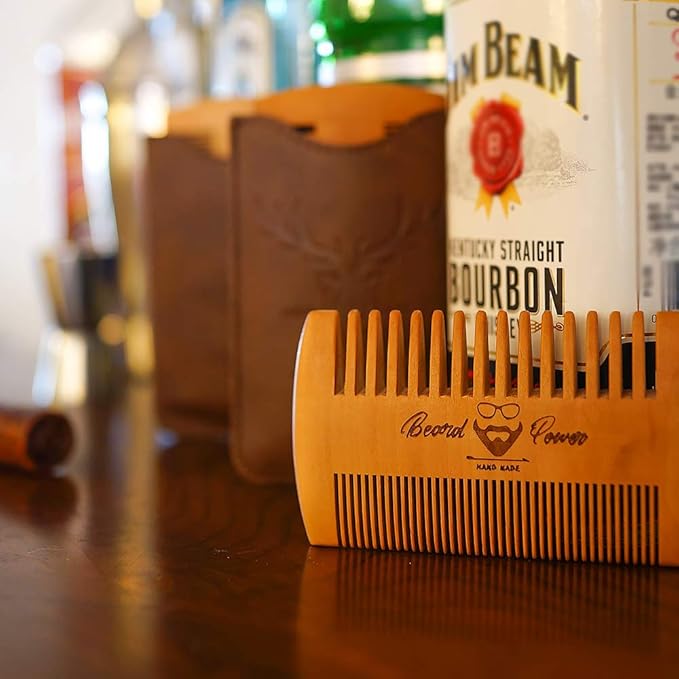 Wooden Beard Comb, 3 Pieces & Durable Cases for Men, Beard & Mustaches, Fine & Coarse Teeth, Brown Deer Design