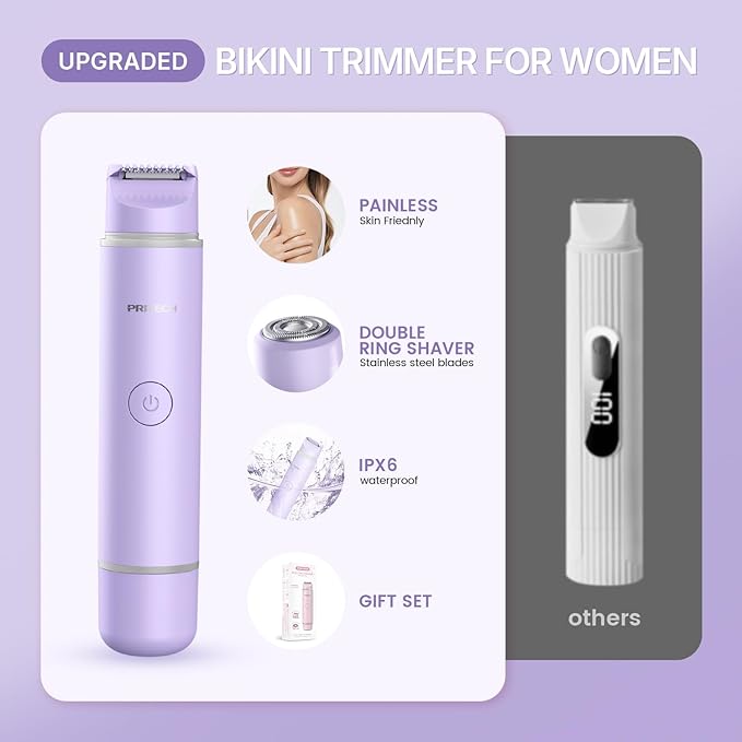 Bikini Trimmer for Women Dual Head Facial Hair Remover 2 in 1 Electric Razors for Women,Waterproof Public Hair Trimmer for Face,Underarm,Leg,USB-C Smart Light (Purple)