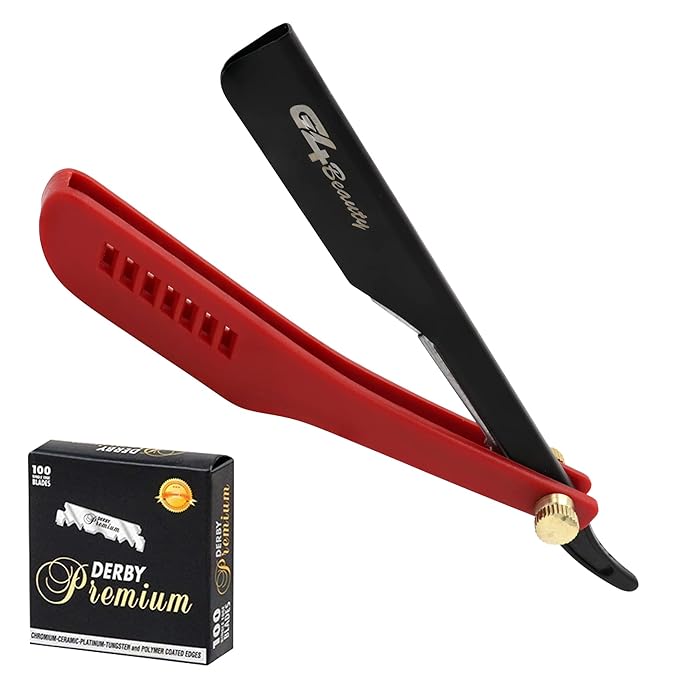 G4 Stainless Steel Straight Edge Barber Shaving Razor Blade for Close Shaving Men Replaceable Blades (Red)