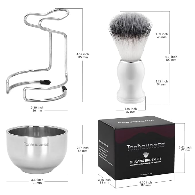 Shaving Brush Kit for Men, 3 in 1 Shaving Brush Set Includes Nylon Bristles Shaving Brush, 3 Layers Stainless Steel Shaving Bowl and Integrated molding Shaving Stand for Men’s Shave Gift