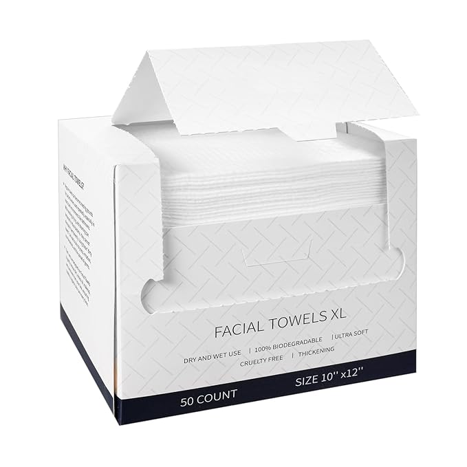 Disposable Face Towels XL Ultra Soft & Thick Clean Towelettes Biodegradable Makeup Remover Dry Wipes 50 Count Facial Tissue Wipe Wash Cloths for Sensitive Skin